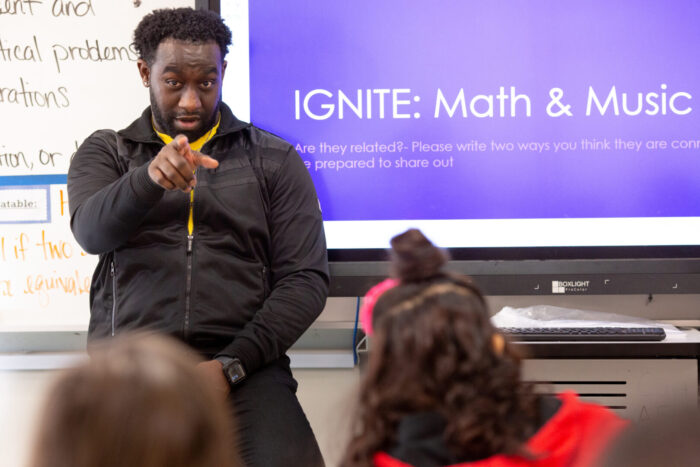 A sixth-grade math teacher leads a lesson about the connection between music and math.